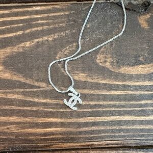 CHANEL Silver CC Crystal Pendant Necklace